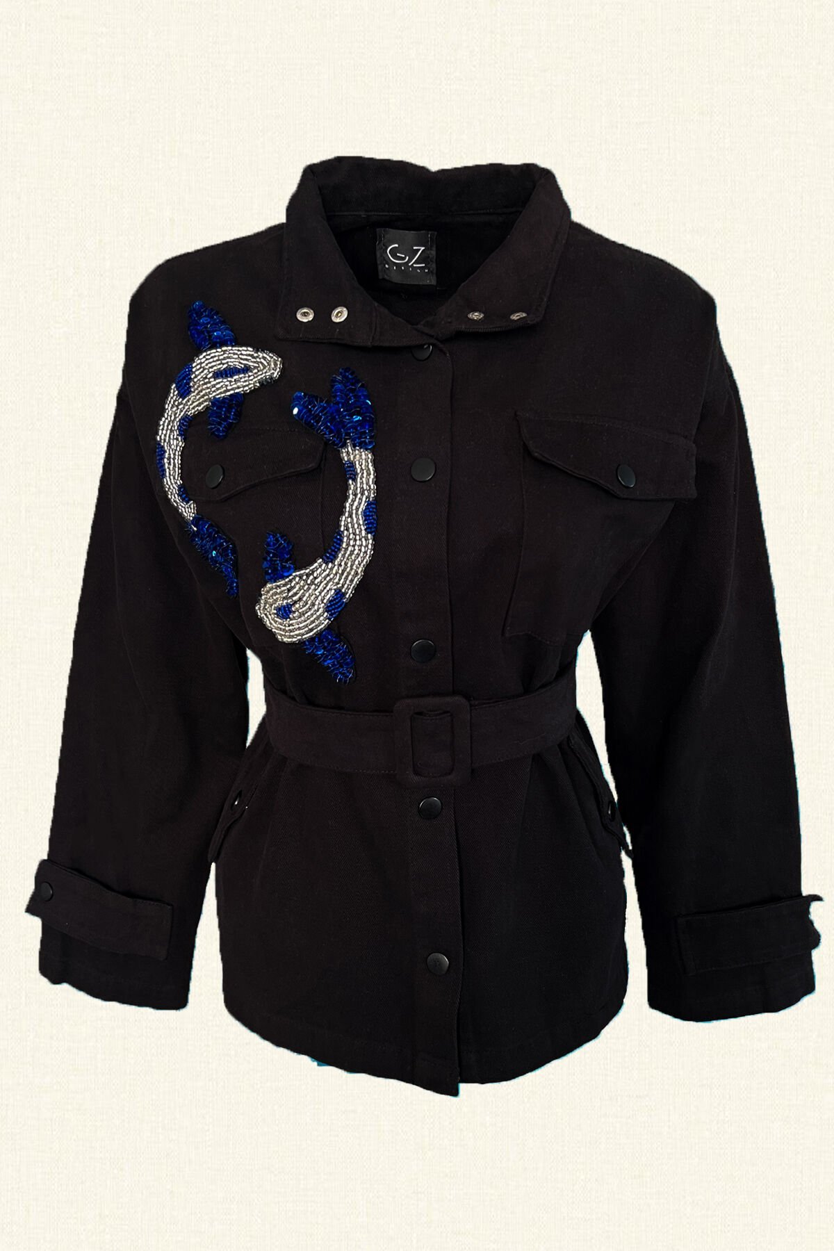 Mavi Balık İşlemeli Siyah Renk Jean Ceket