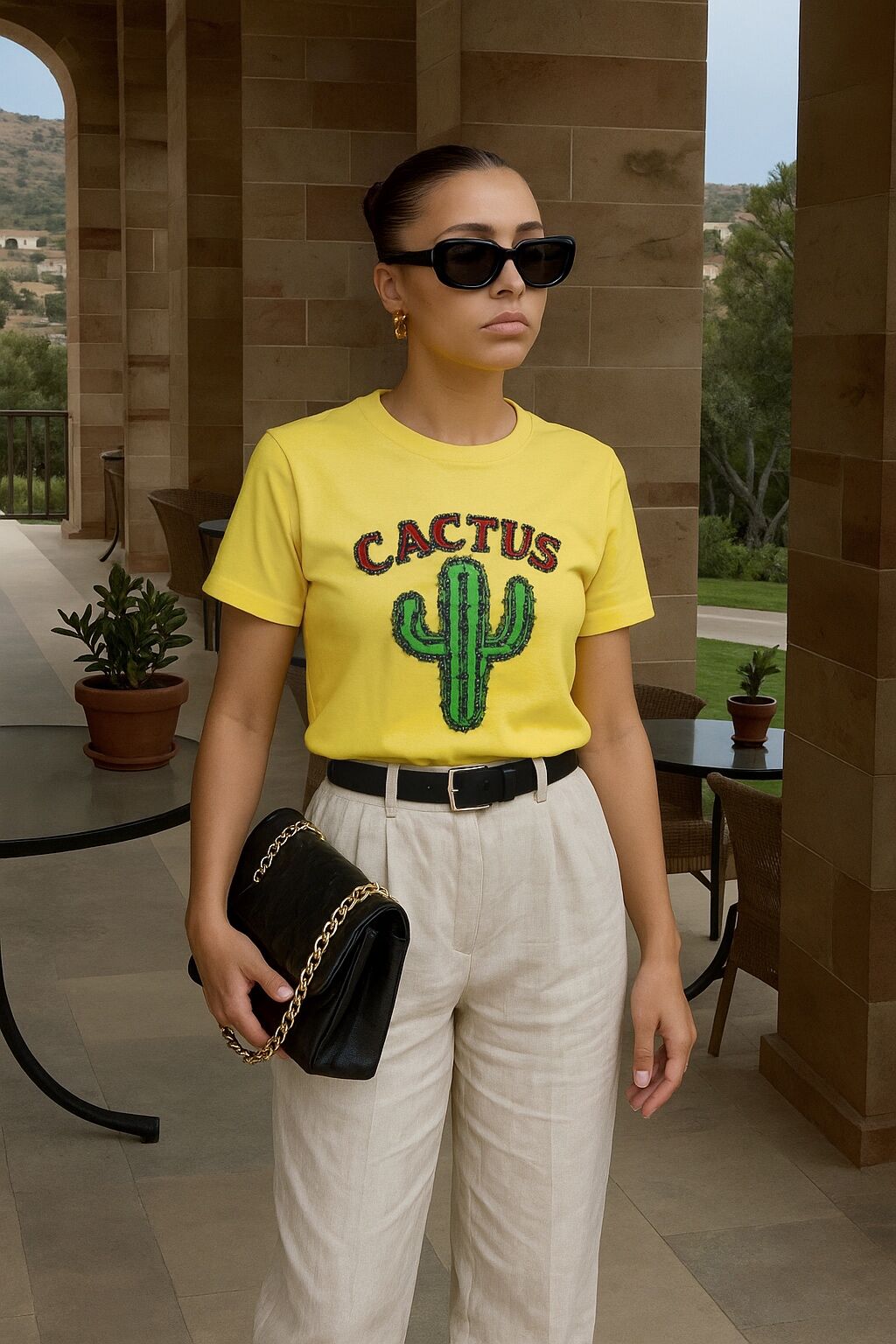 Boncuk İşlemeli Kaktüs Detaylı Bisiklet Yaka Sarı Tişört