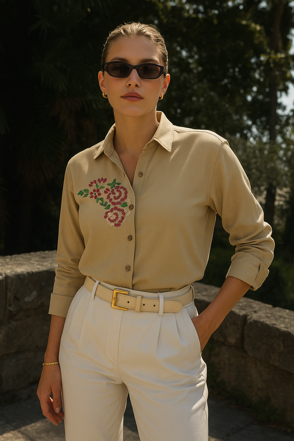 Renkli Çiçek İşlemeli Taş Rengi Gömlek