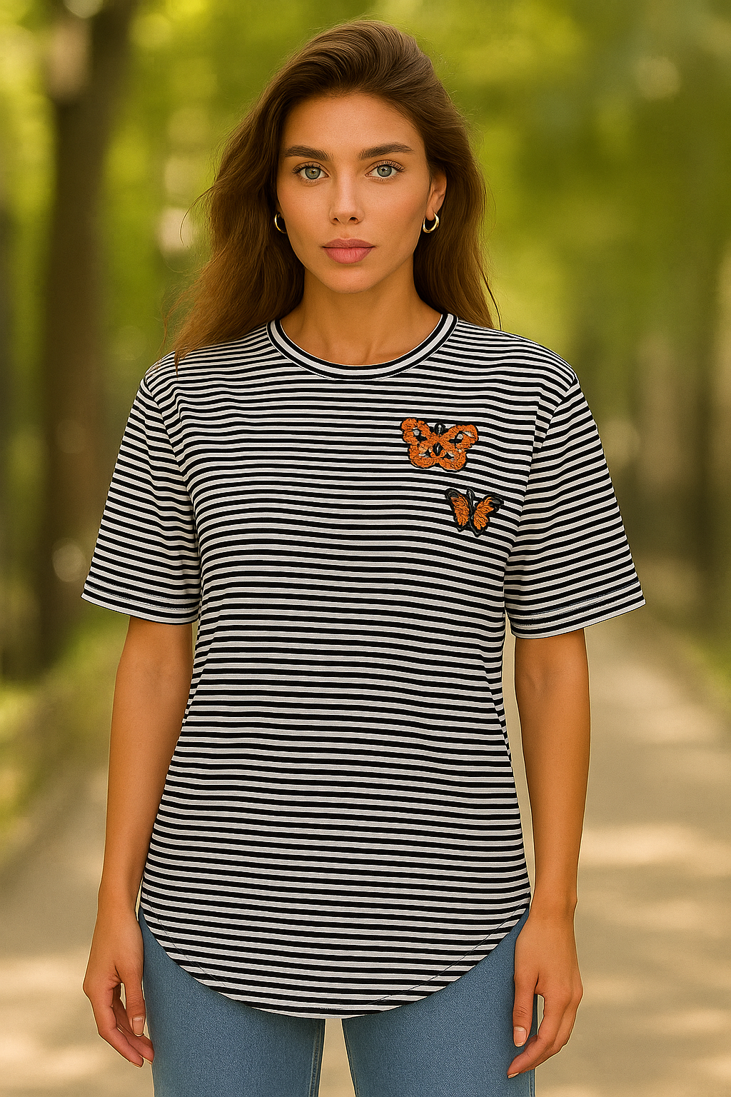 Kelebek İşlemeli Siyah Çizgili Bisiklet Yaka Oversize Tişört