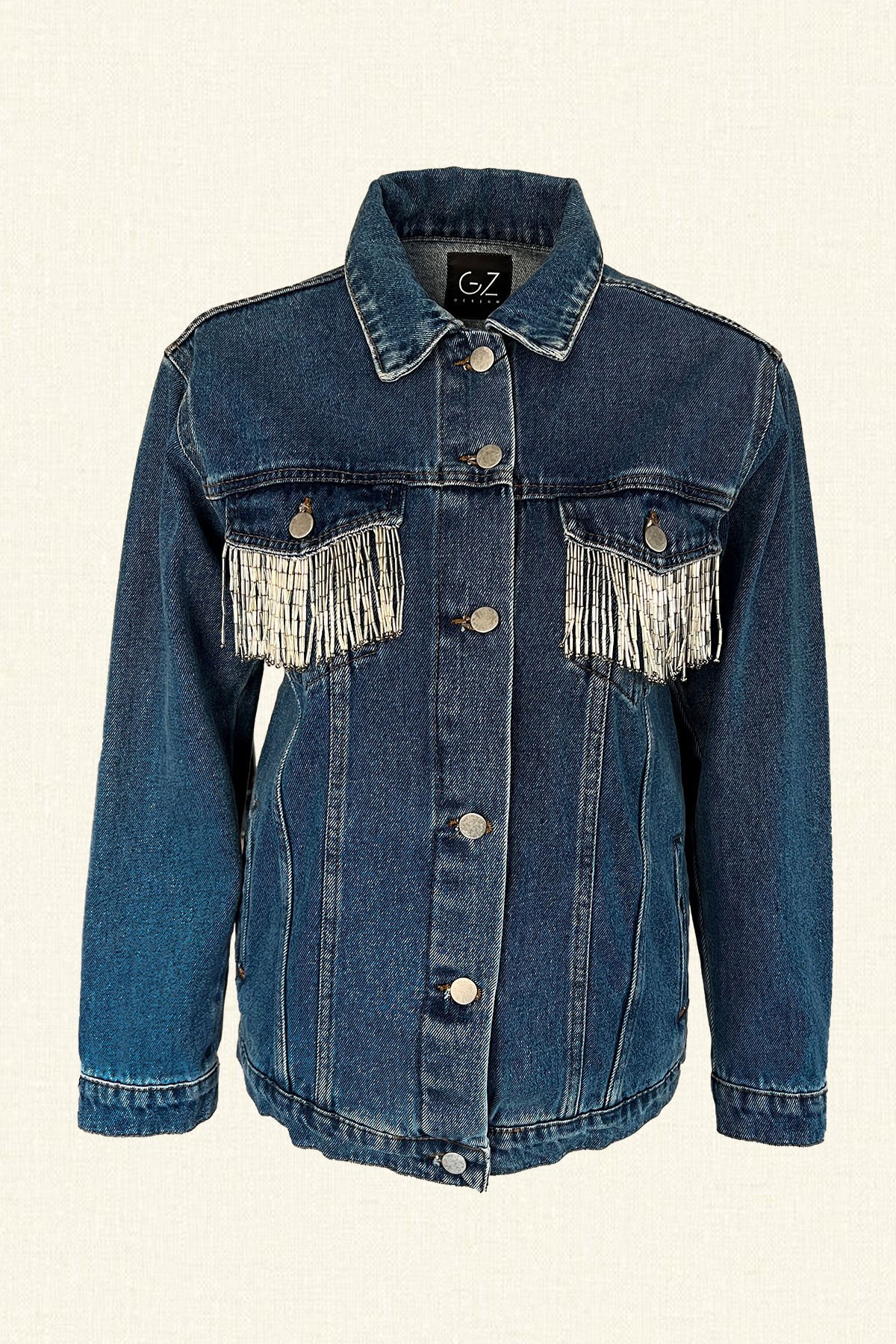 Sırtı Kristal Boncuk İşlemeli Koyu Renk Jean Ceket