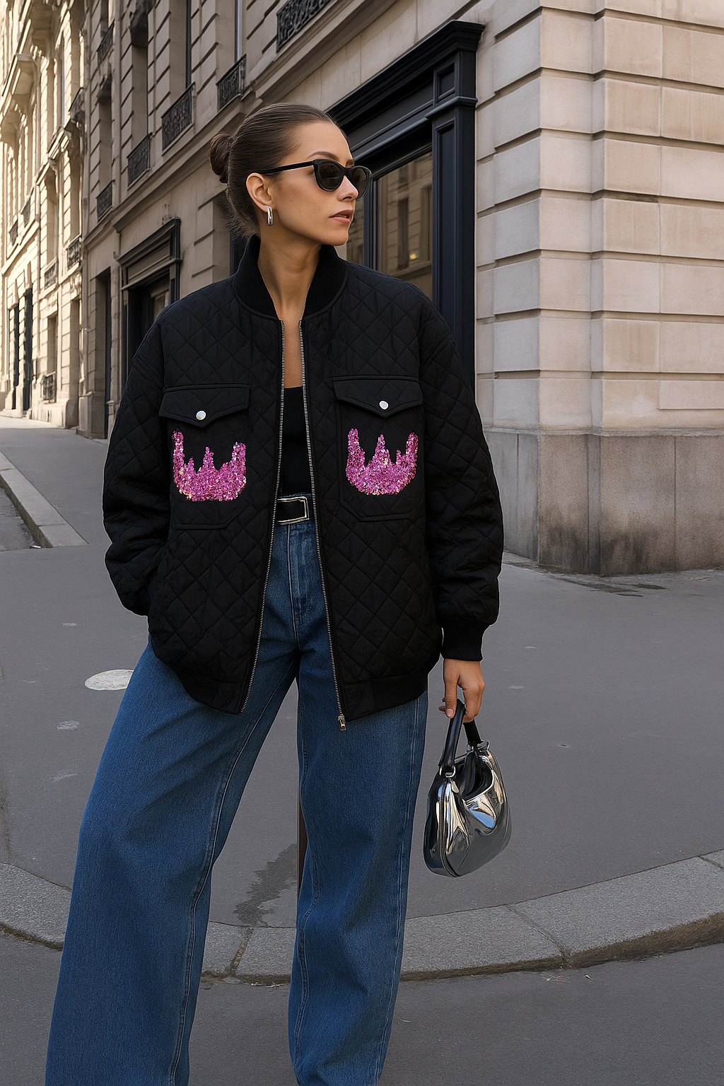 Pembe Alev İşlemeli Siyah Kapitone Bomber Ceket