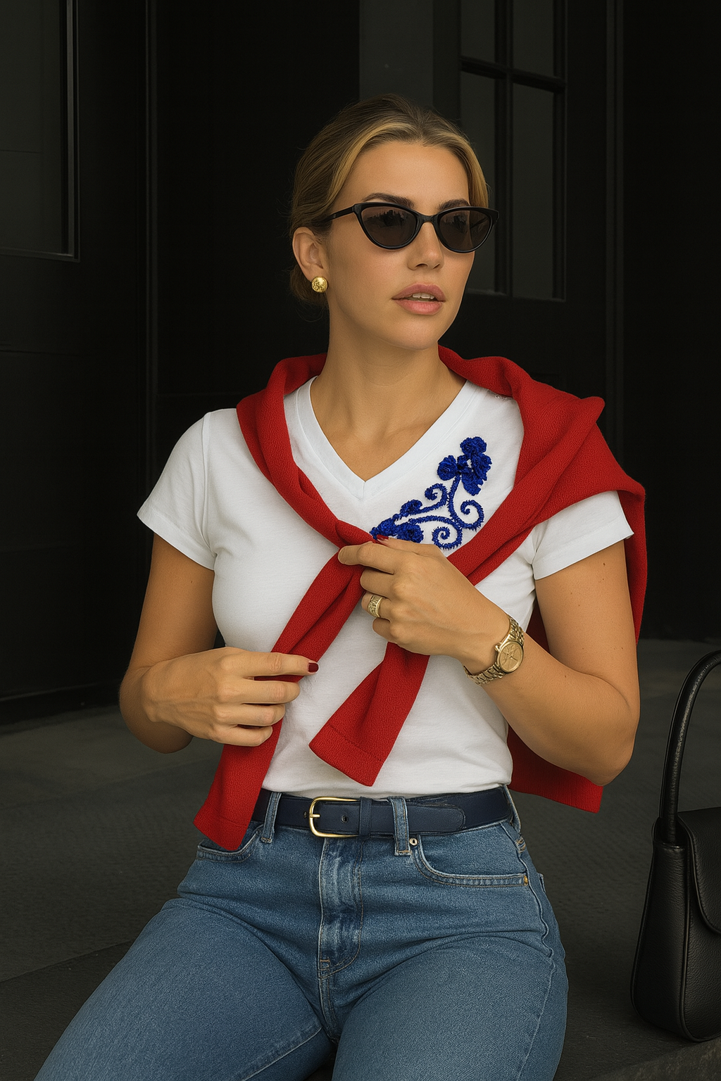 Mavi Çiçek İşlemeli Beyaz V-Yaka Tişört