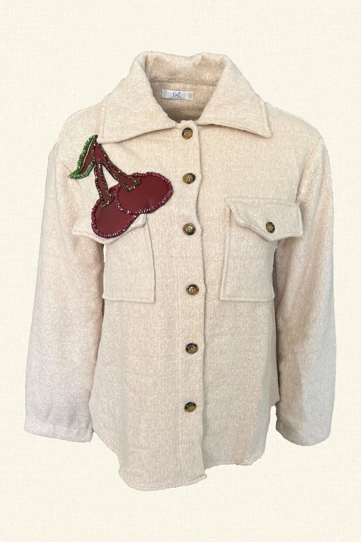 Bordo Deri Üzeri Boncuk İşlemeli Kiraz Figürlü Krem Renk Yünlü Kaşe Ceket