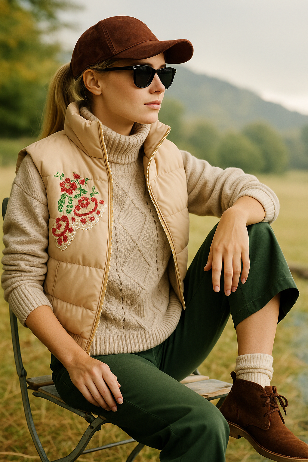 Renkli Çiçek İşlemeli Krem Bomber Şişme Yelek