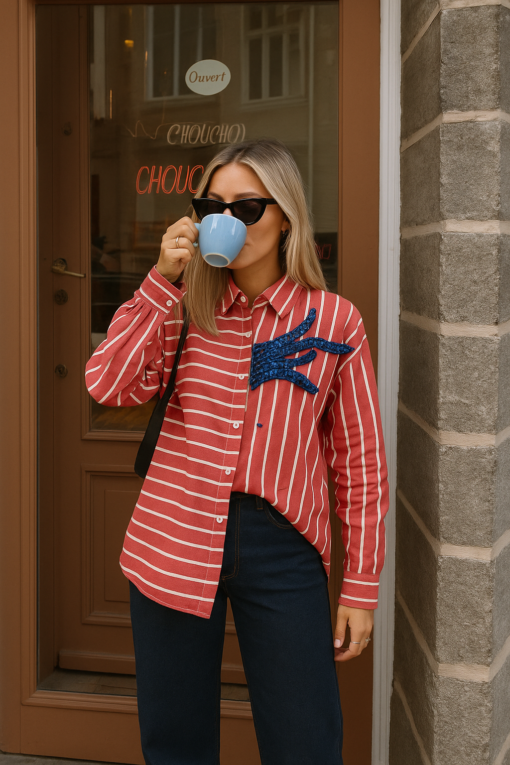 Mavi İşlemeli Kırmızı Çizgili Oversize Gömlek