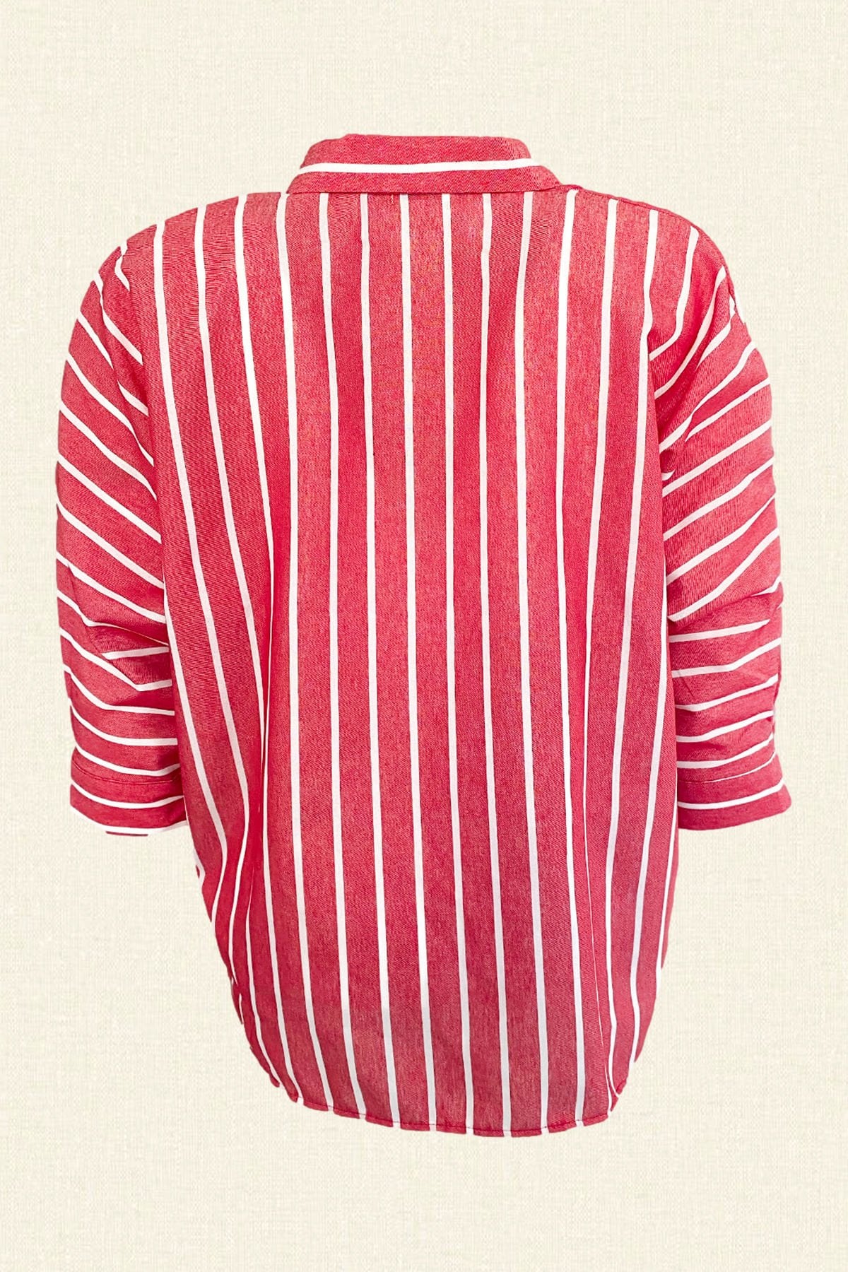 Mavi İşlemeli Kırmızı Çizgili Oversize Gömlek