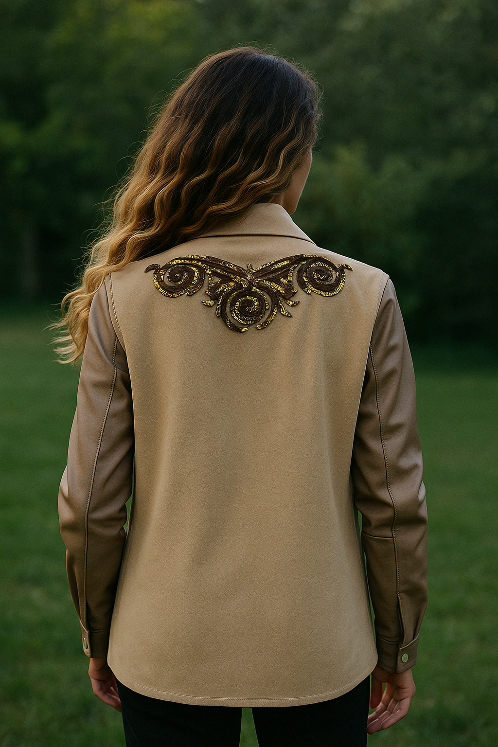 Sırtı Gold ve Bakır İşlemeli Kolları Deri Detay Krem Jean Ceket