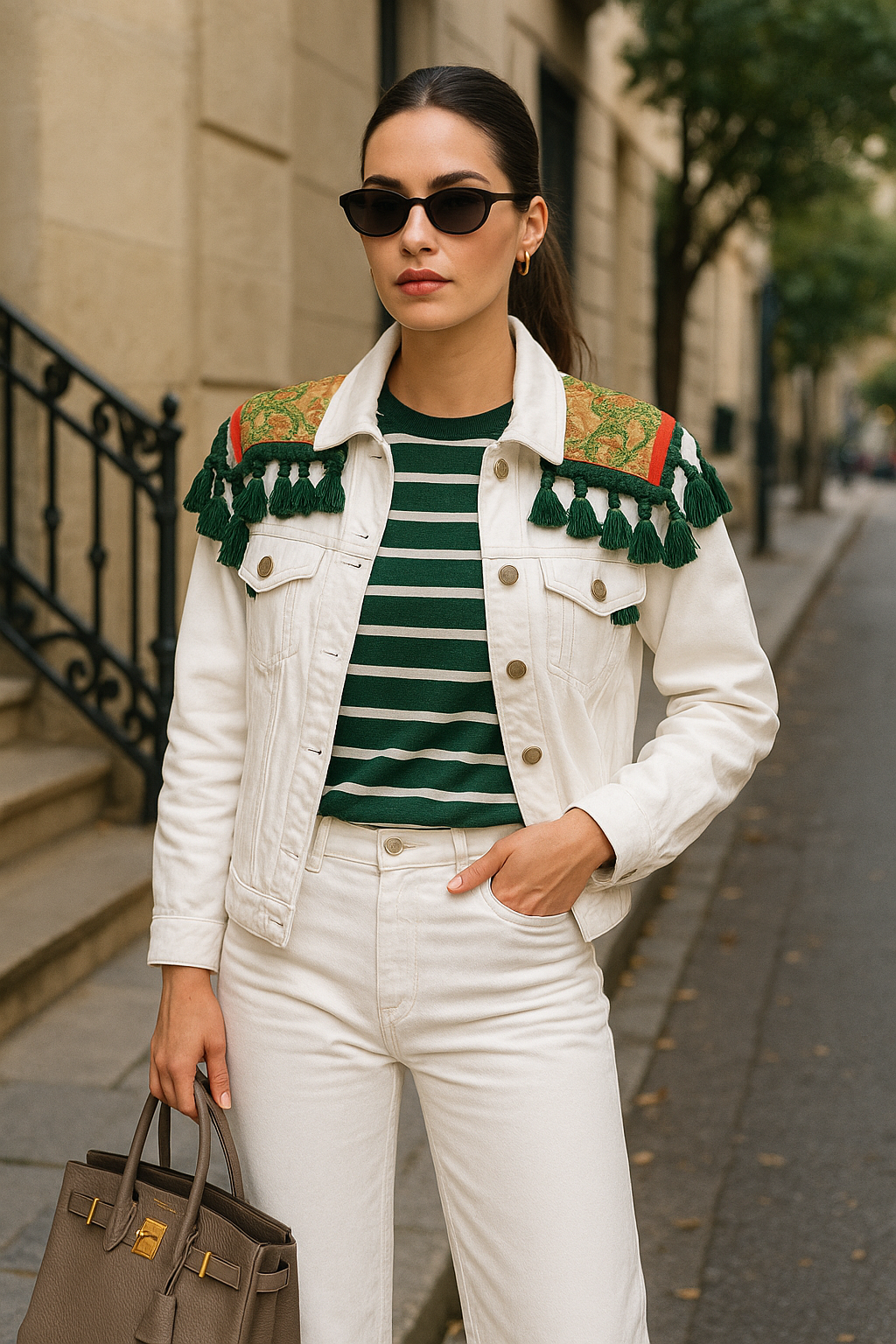 Omuzları Yeşil Püskül Ve Boncuk İşlemeli Beyaz Jean Ceket