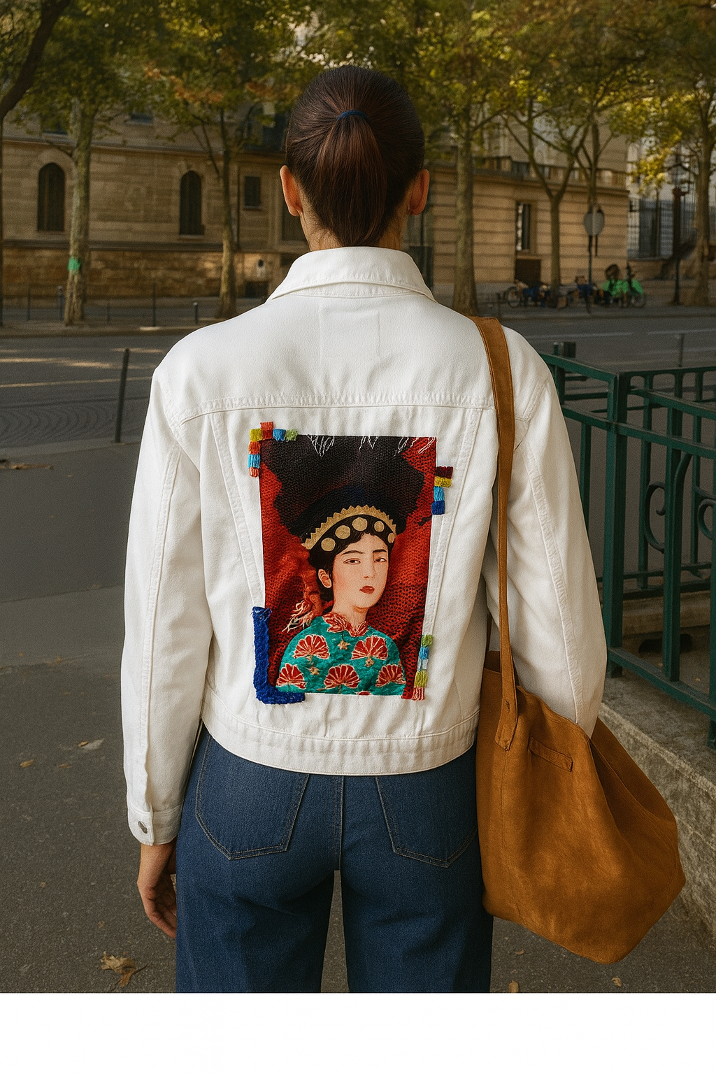 Kırmızılı Kadın Figürlü Beyaz Renk Jean Ceket