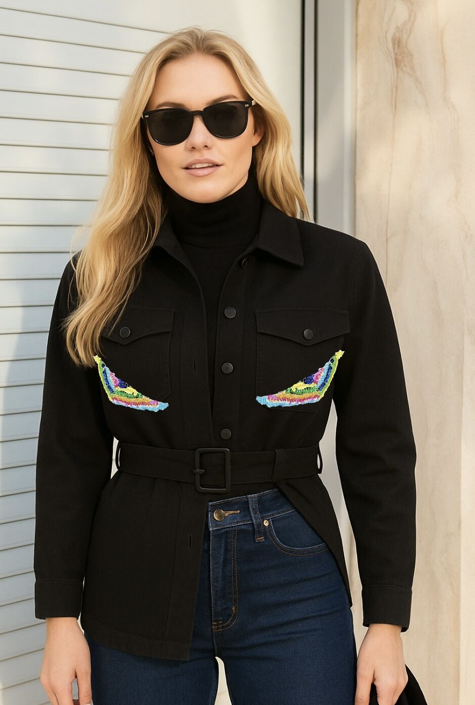 Renkli Boncuk İşlemeli Siyah Renk Jean Ceket