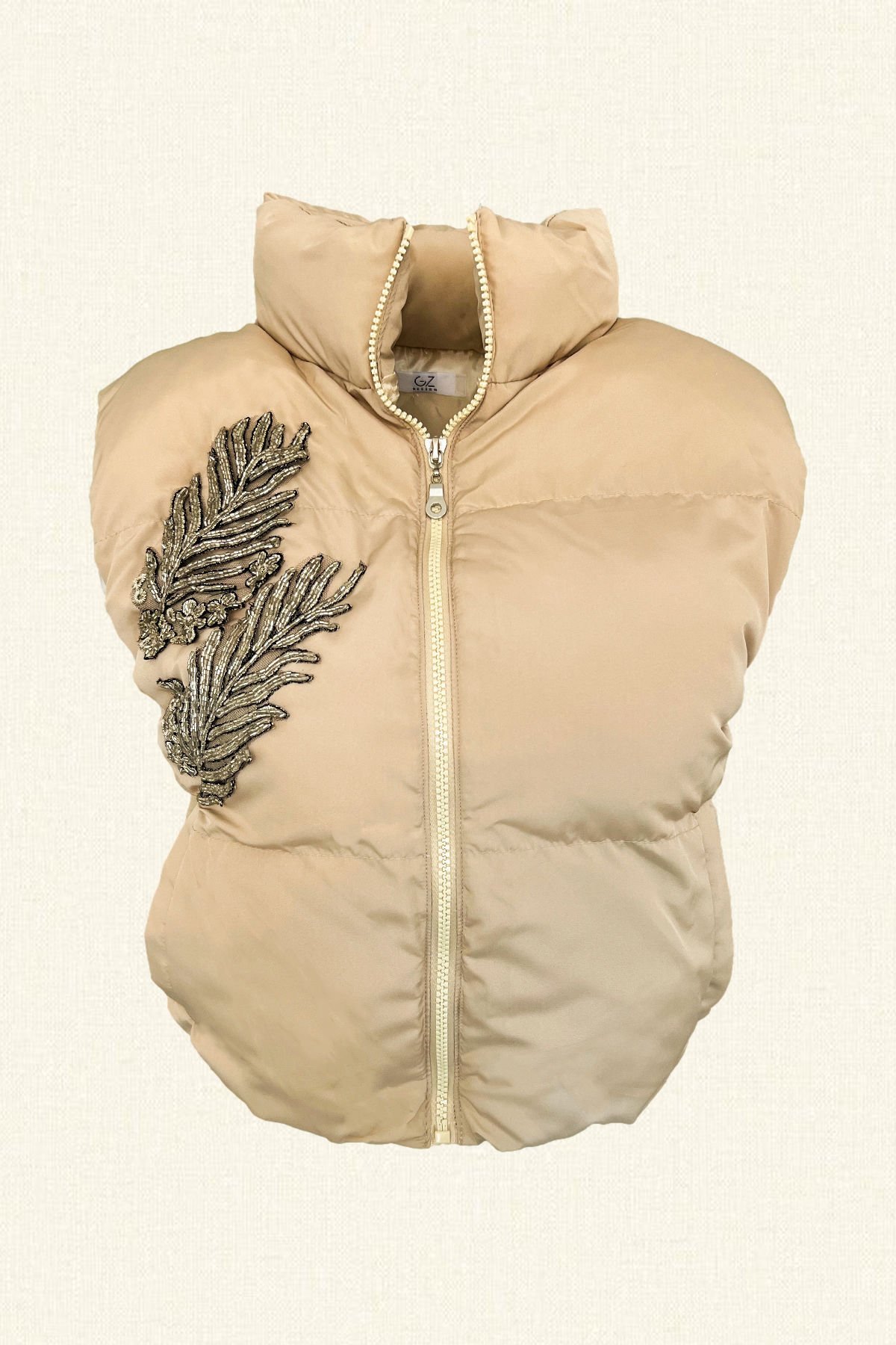 Gümüş Yaprak İşlemeli Krem Bomber Şişme Yelek