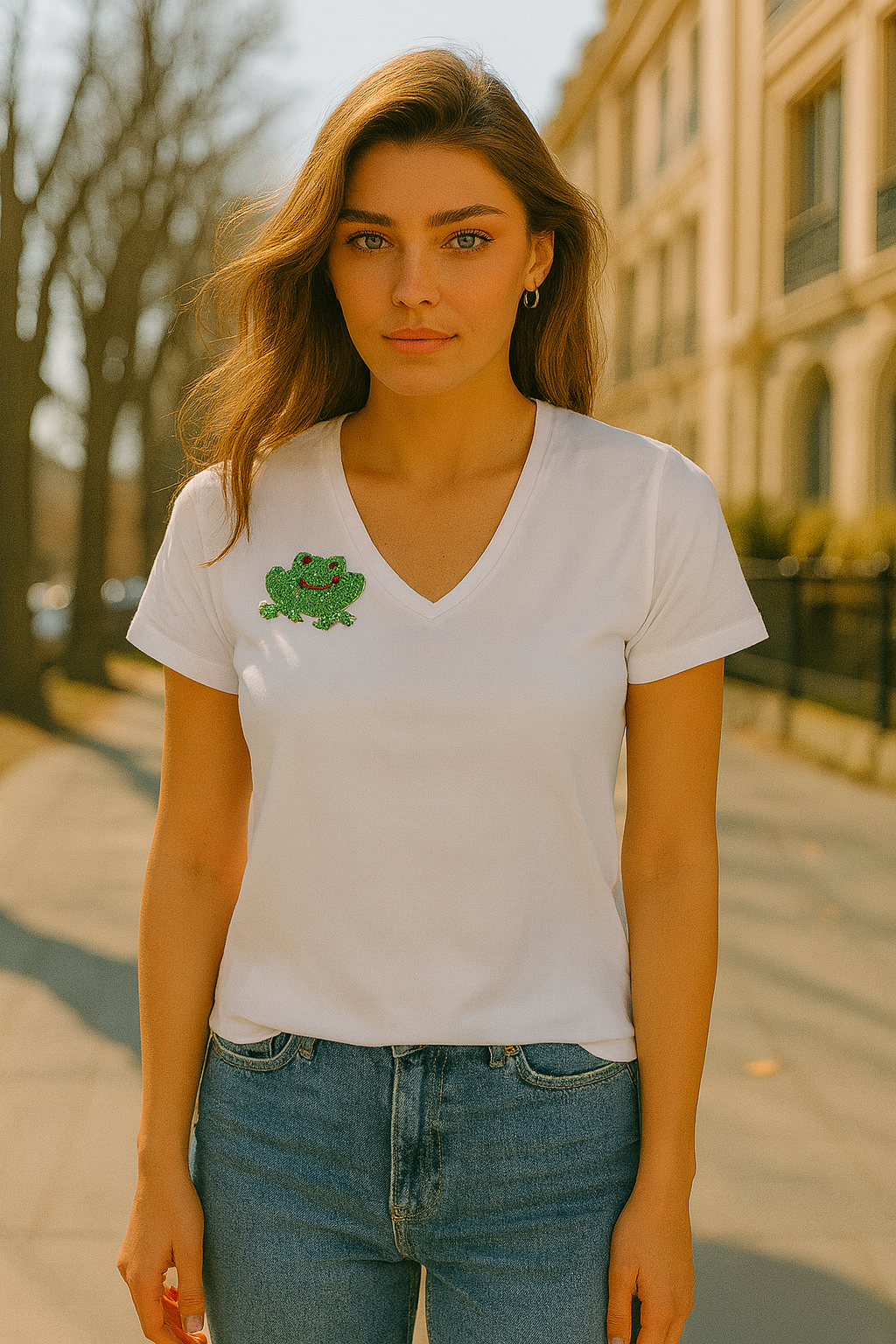 Kurbağa Boncuk İşlemeli V-Yaka Beyaz Tişört
