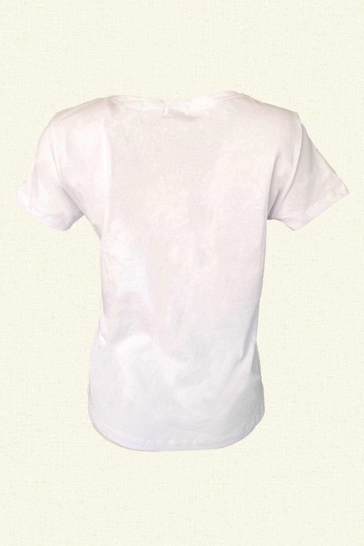 Kurbağa Boncuk İşlemeli V-Yaka Beyaz Tişört