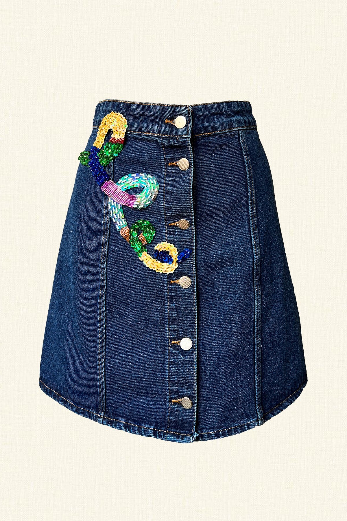 Renkli Helezon İşlemeli Jean Etek