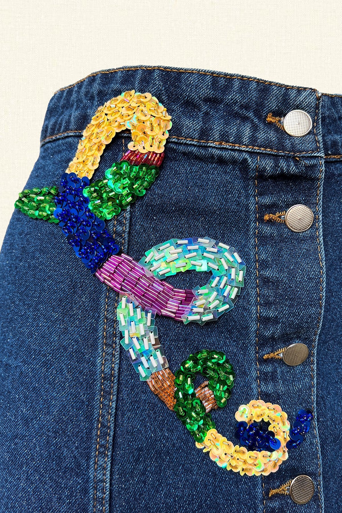 Renkli Helezon İşlemeli Jean Etek