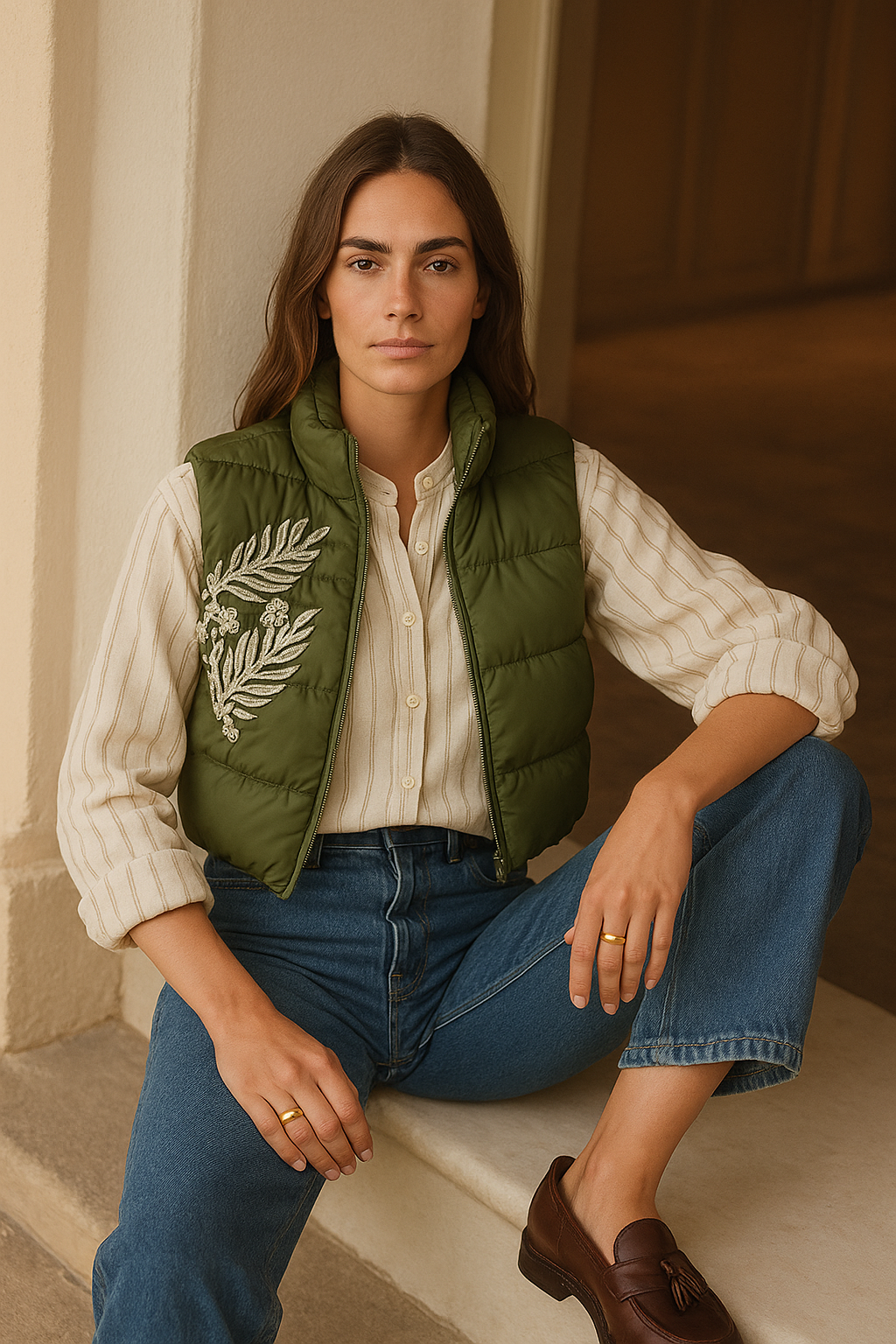 Gümüş Yaprak İşlemeli Yeşil Bomber Şişme Yelek