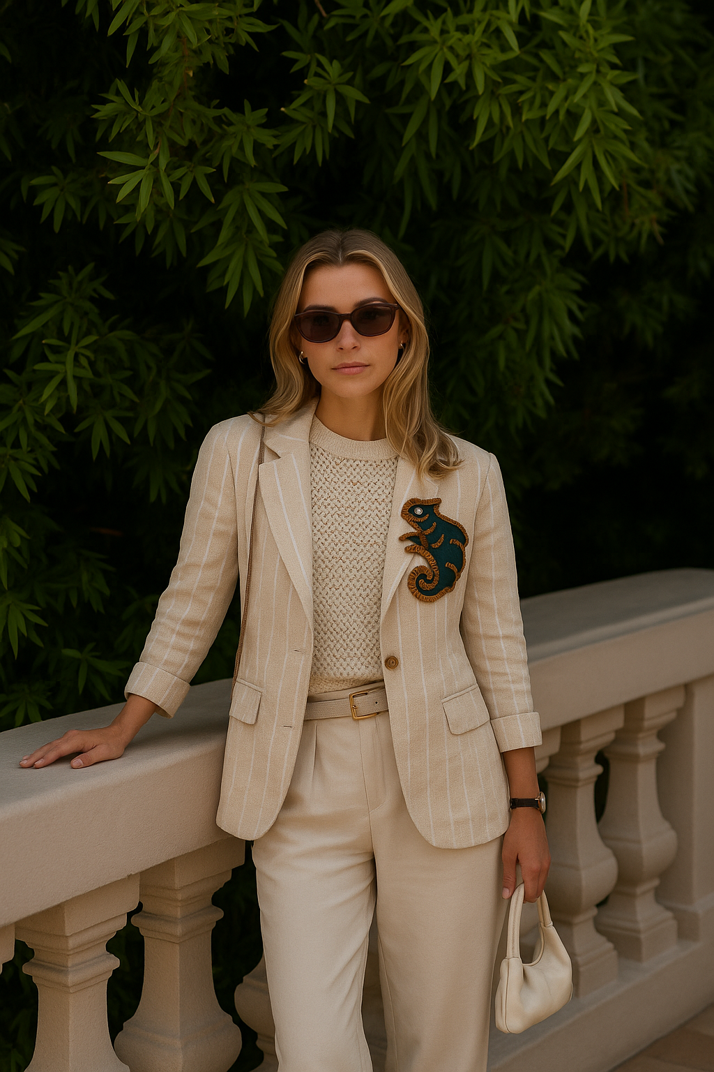 Deri Üzeri Boncuk İşlemeli Bukalemun Figürlü Beyaz Çizgili Krem Keten Blazer Ceket
