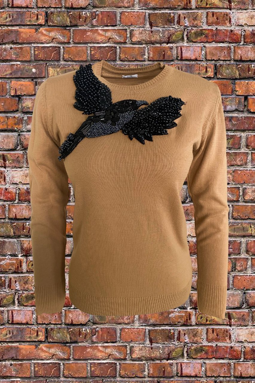 Kuş Motifli Krem Rengi Triko Kazak