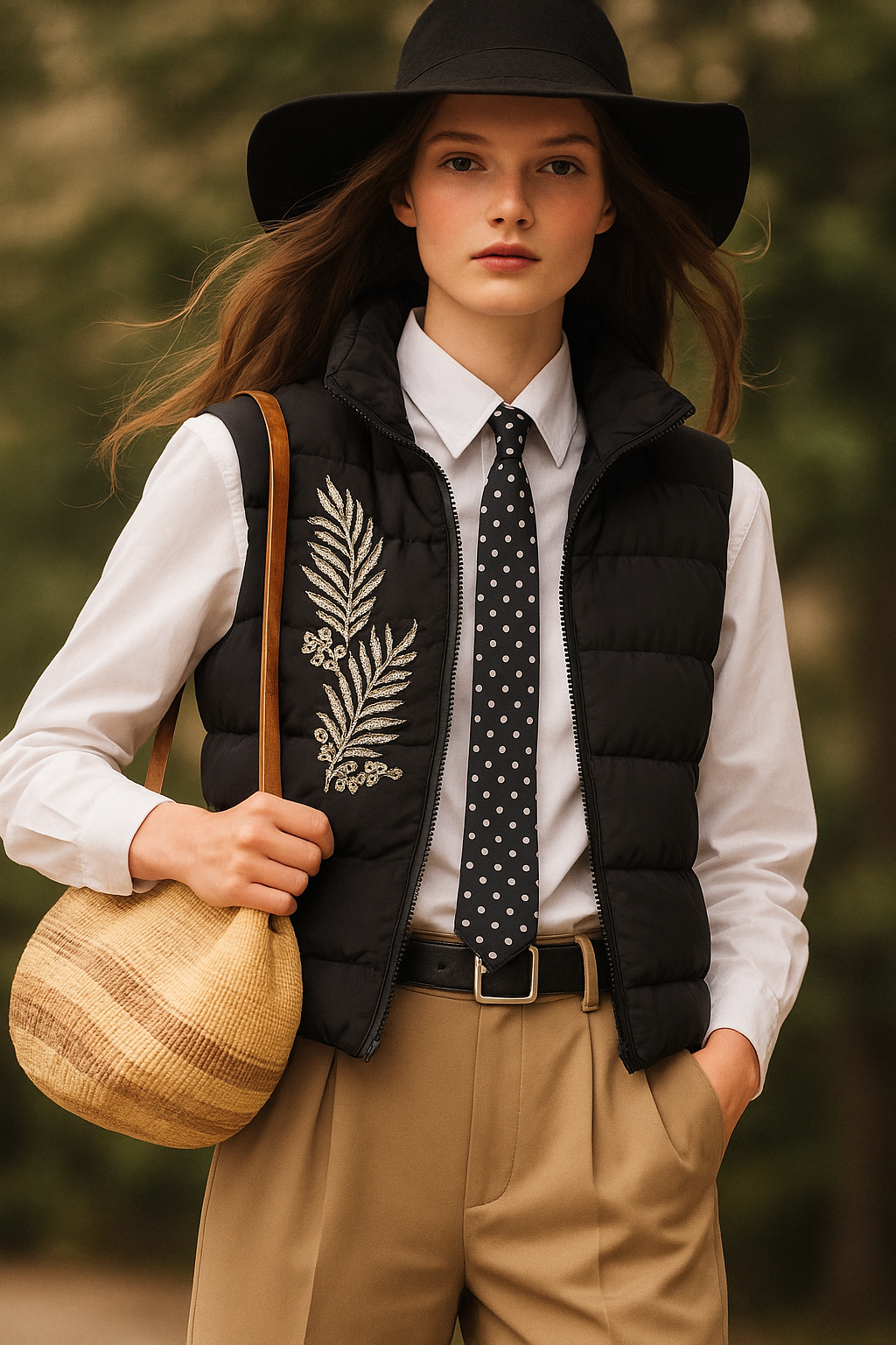 Gümüş Yaprak İşlemeli Siyah Bomber Şişme Yelek