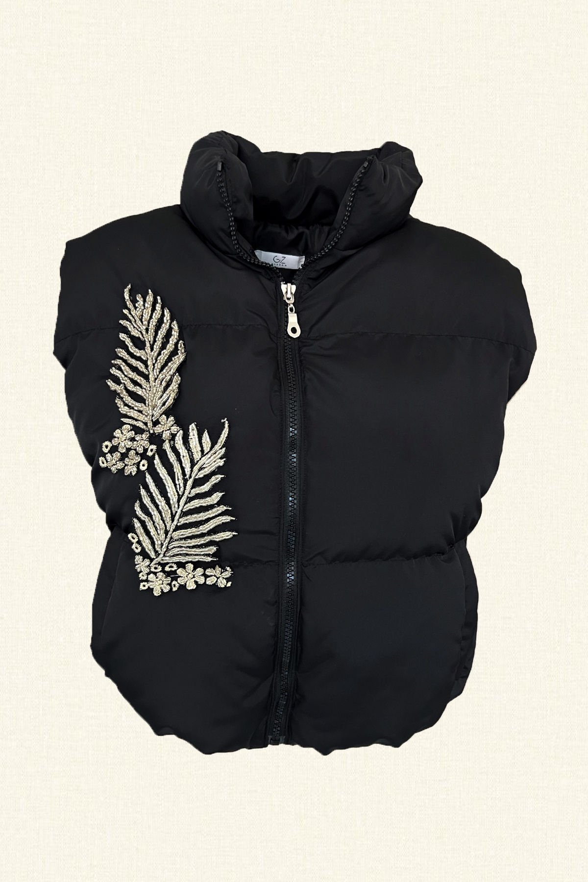 Gümüş Yaprak İşlemeli Siyah Bomber Şişme Yelek