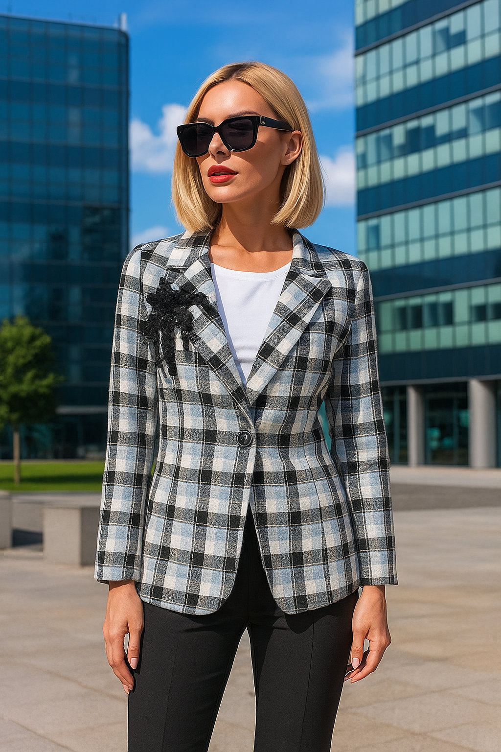 Siyah Palmiye İşlemeli Mavi Ekose Desenli Keten Blazer Ceket