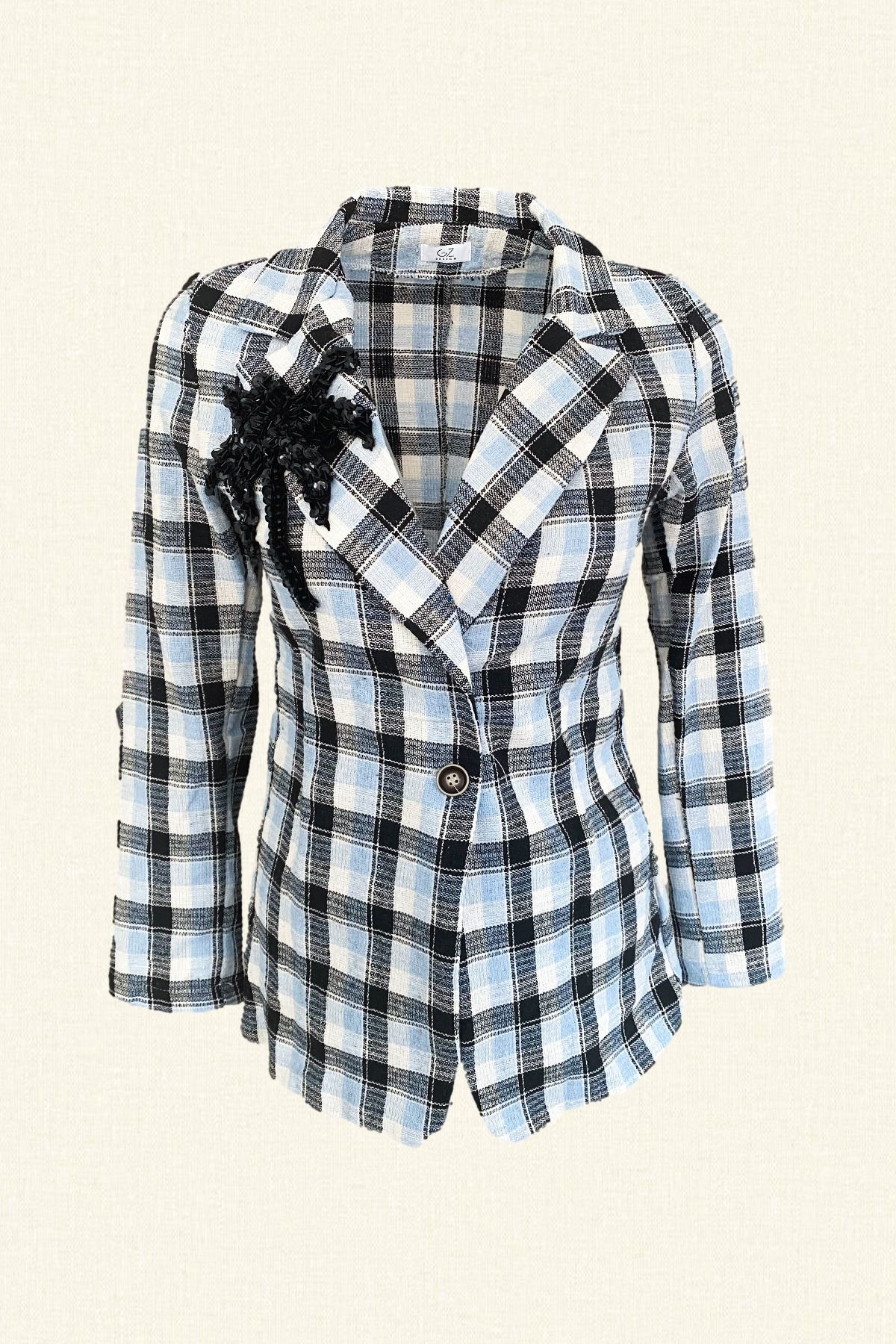 Siyah Palmiye İşlemeli Mavi Ekose Desenli Keten Blazer Ceket