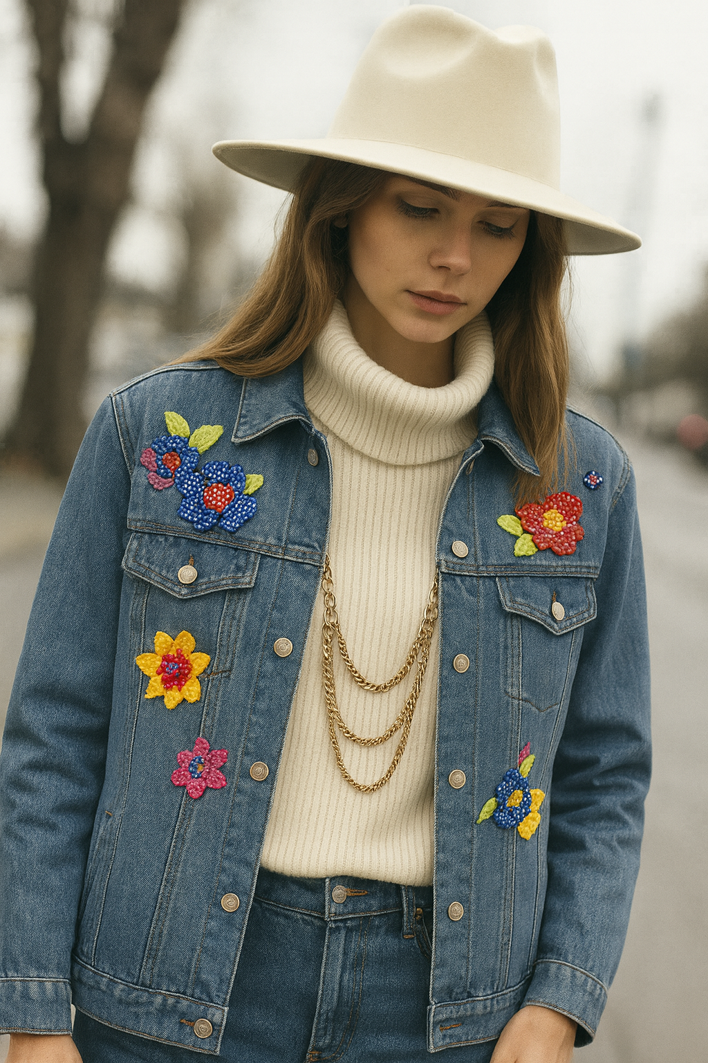 Renkli Pötikare Çiçekli Açık Renk Jean Ceket