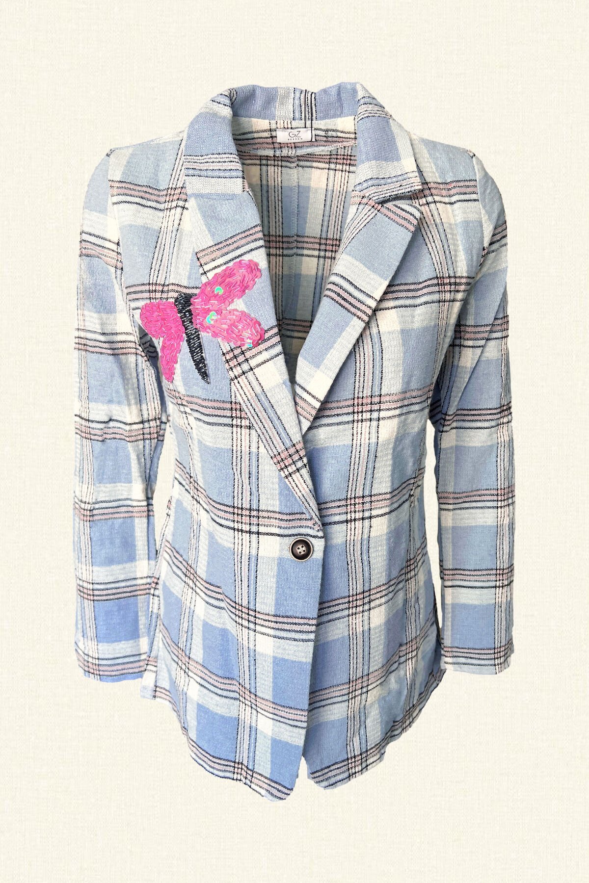 Pembe Yusufçuk İşlemeli Mavi Ekose Desenli Keten Blazer Ceket