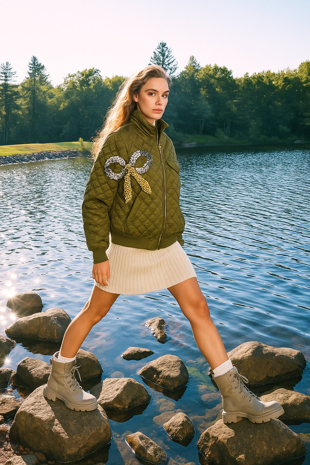 Kurdele İşlemeli Yeşil Kapitone Bomber Ceket