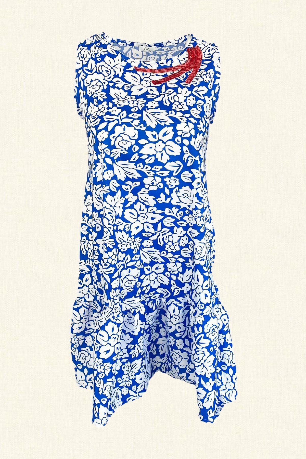 Kırmızı İşlemeli Mavi Desenli Elbise