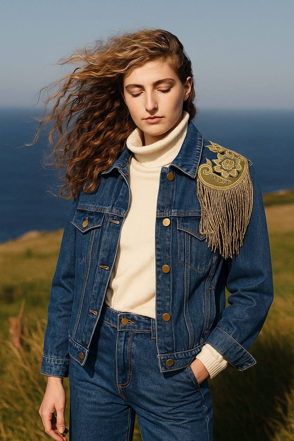 Sarı Sırma Detaylı Koyu Renk Kısa Jean Ceket