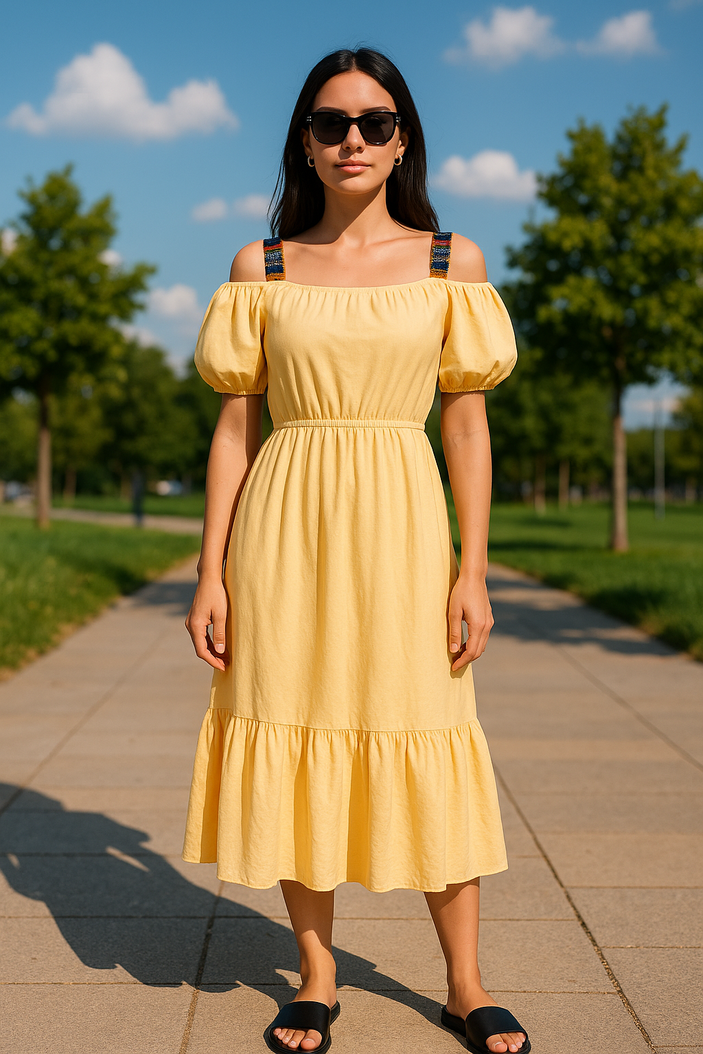 Omuzları İşlemeli Sarı Midi Boy Elbise