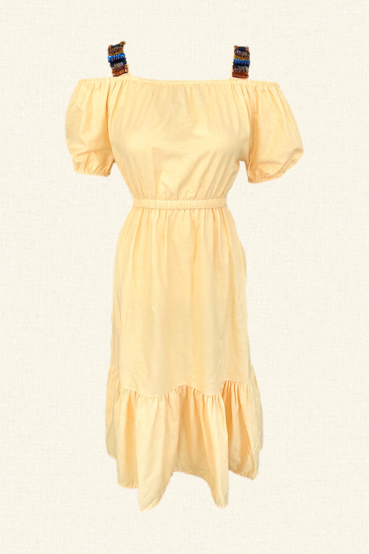 Omuzları İşlemeli Sarı Midi Boy Elbise