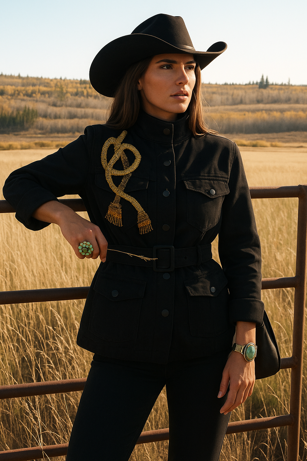 Gold Püskül İşlemeli Siyah Renk Jean Ceket