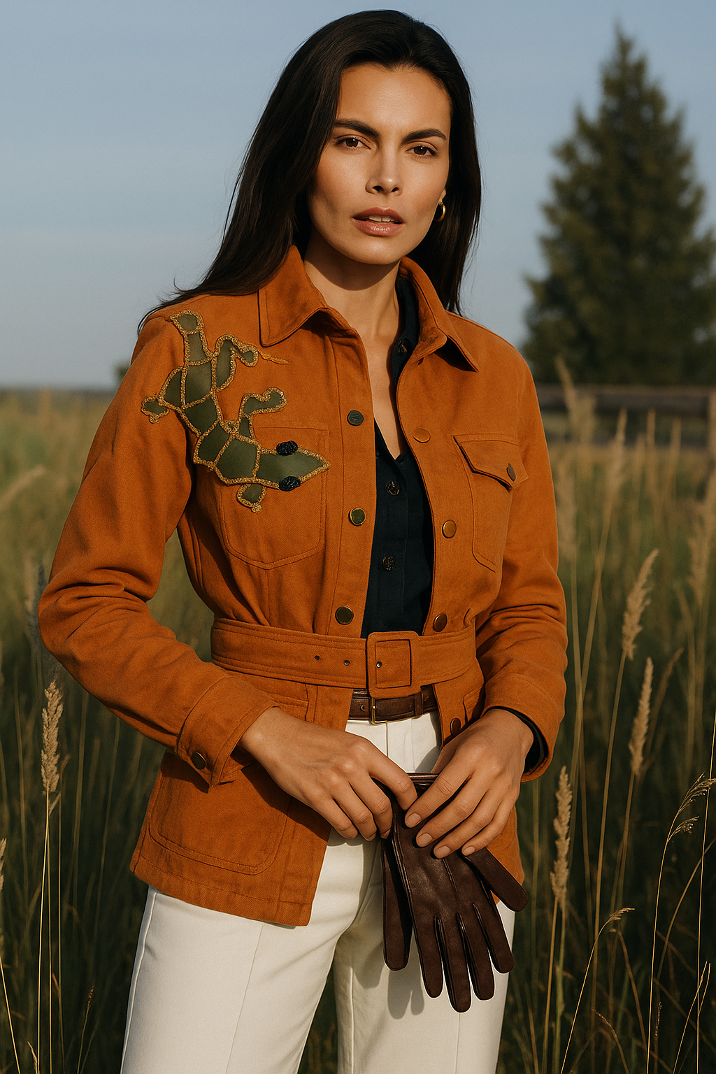 Deri Üzeri Boncuk İşlemeli Kertenkele Figürlü Kiremit Renk Jean Ceket