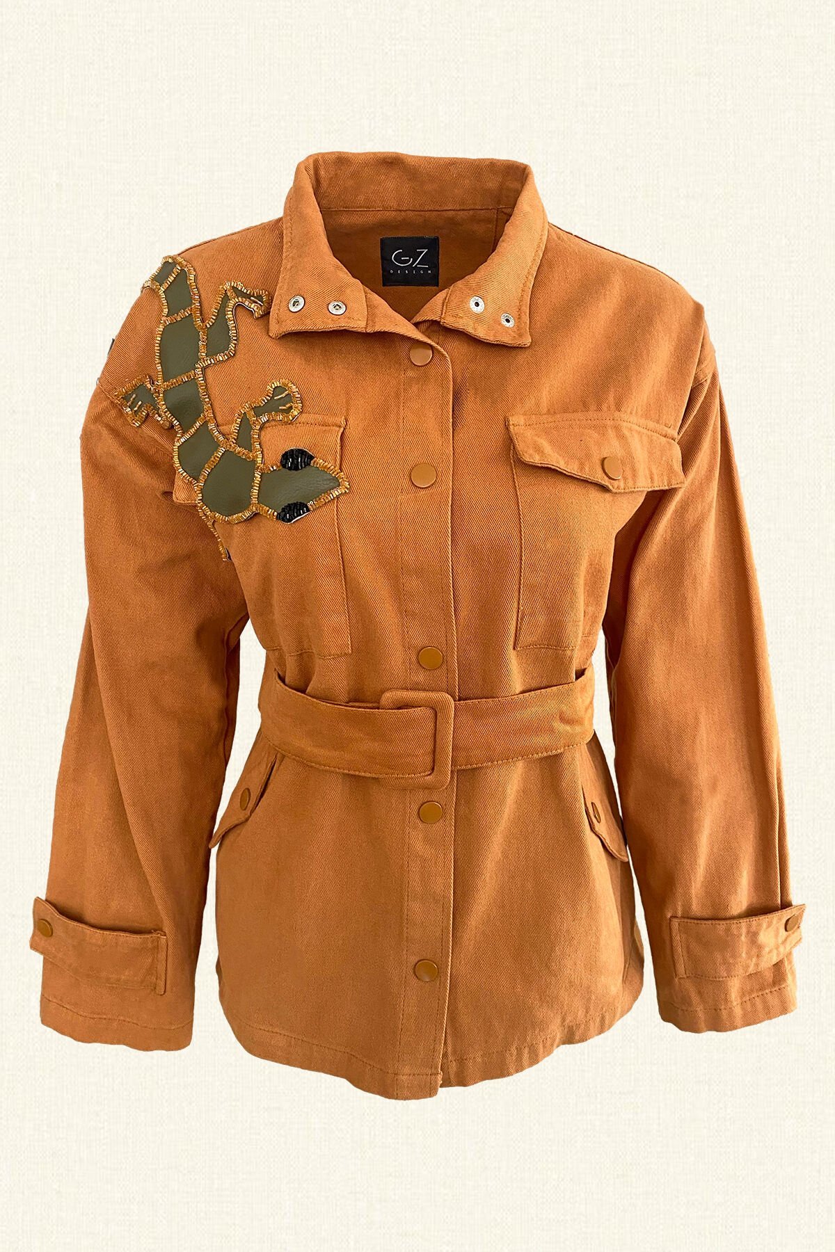 Deri Üzeri Boncuk İşlemeli Kertenkele Figürlü Kiremit Renk Jean Ceket