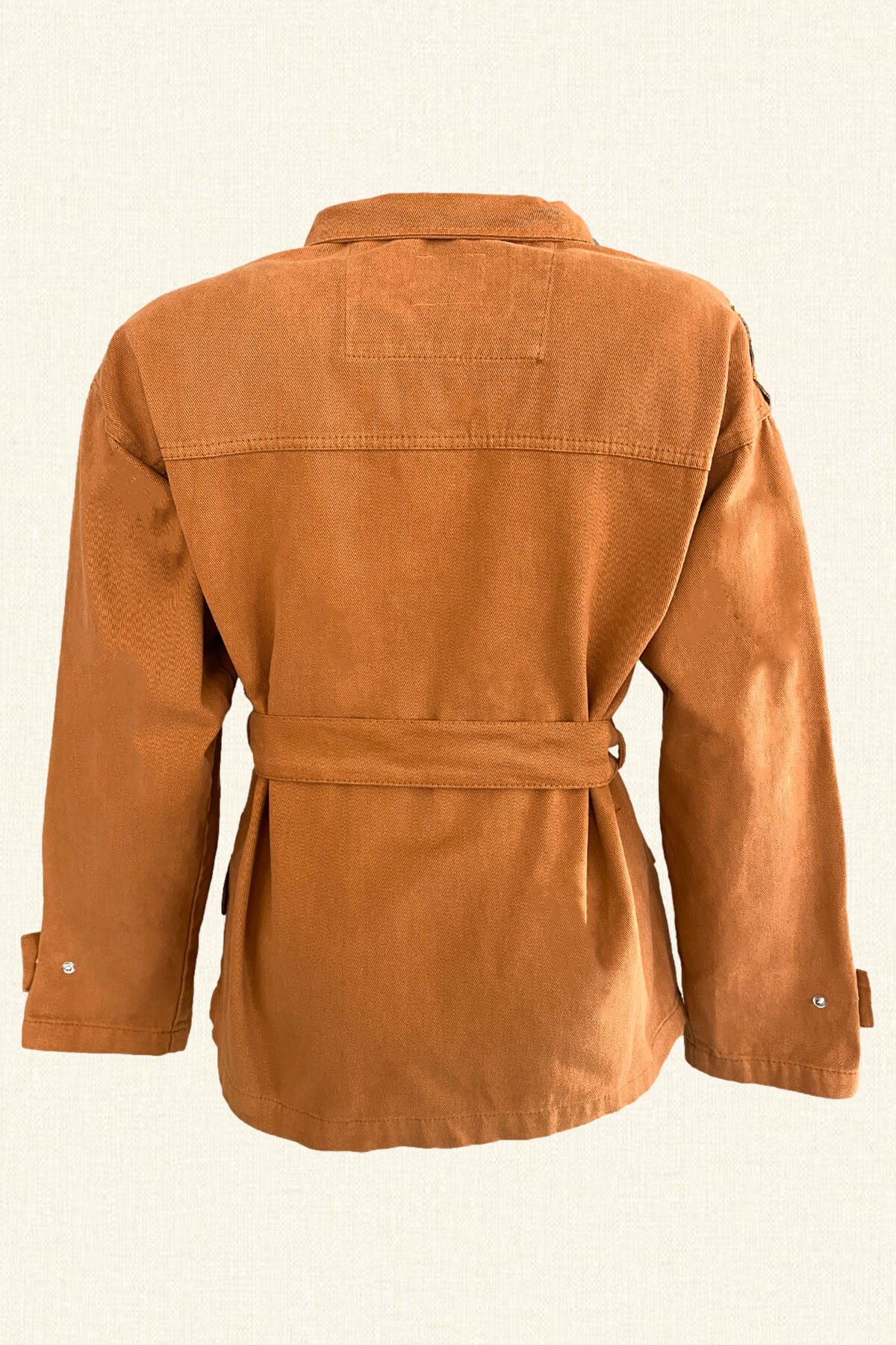 Deri Üzeri Boncuk İşlemeli Kertenkele Figürlü Kiremit Renk Jean Ceket