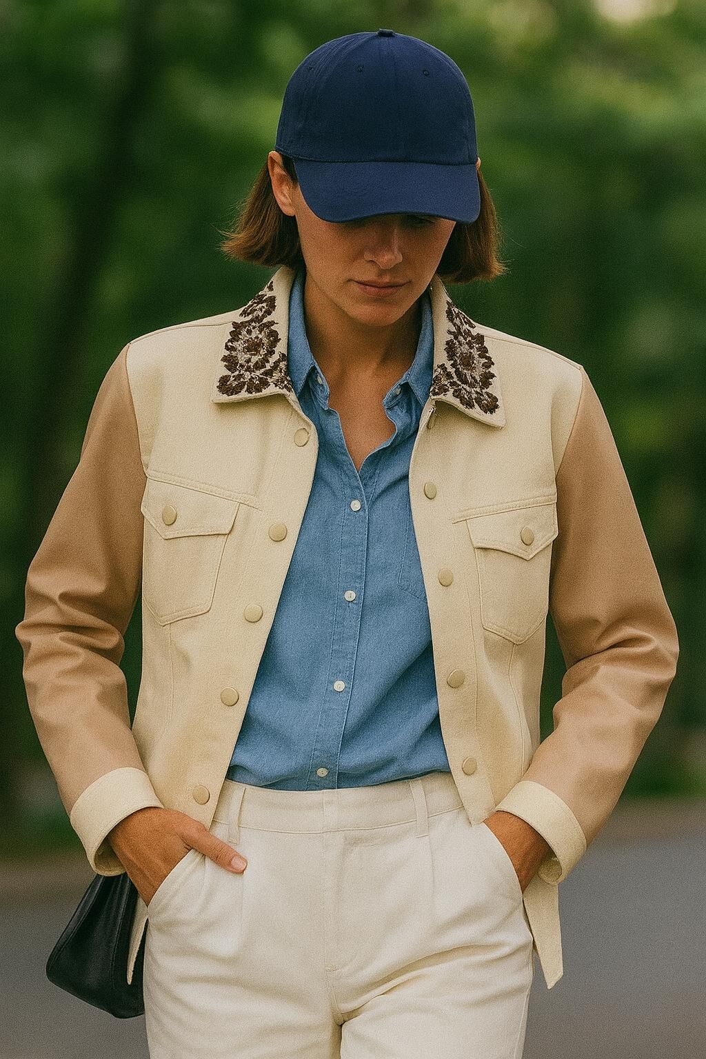 Bakır İşlemeli Yaka Detaylı Kolları Deri Detay Krem Jean Ceket