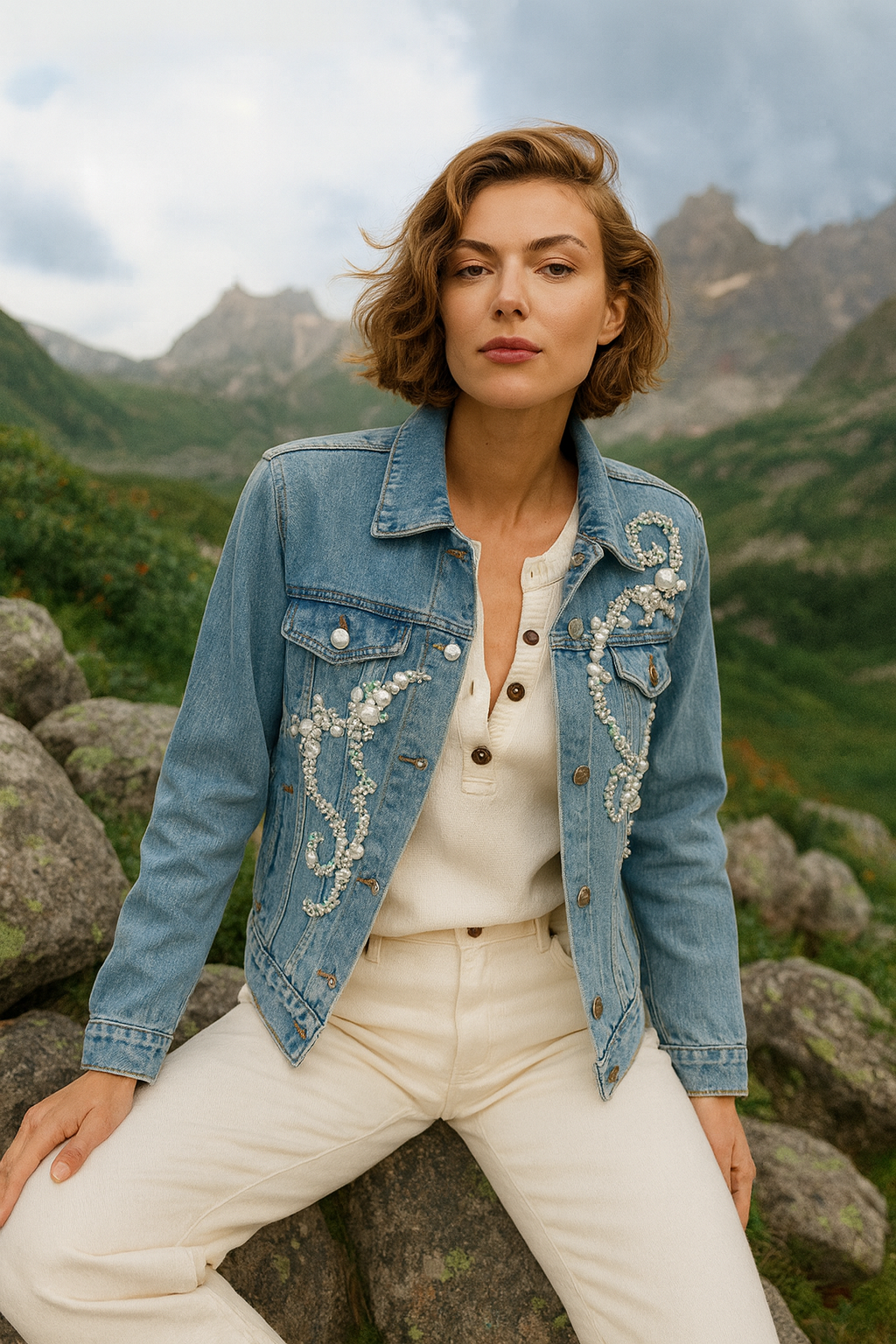 İnci ve Kristal Taş İşlemeli Açık Renk Jean Ceket