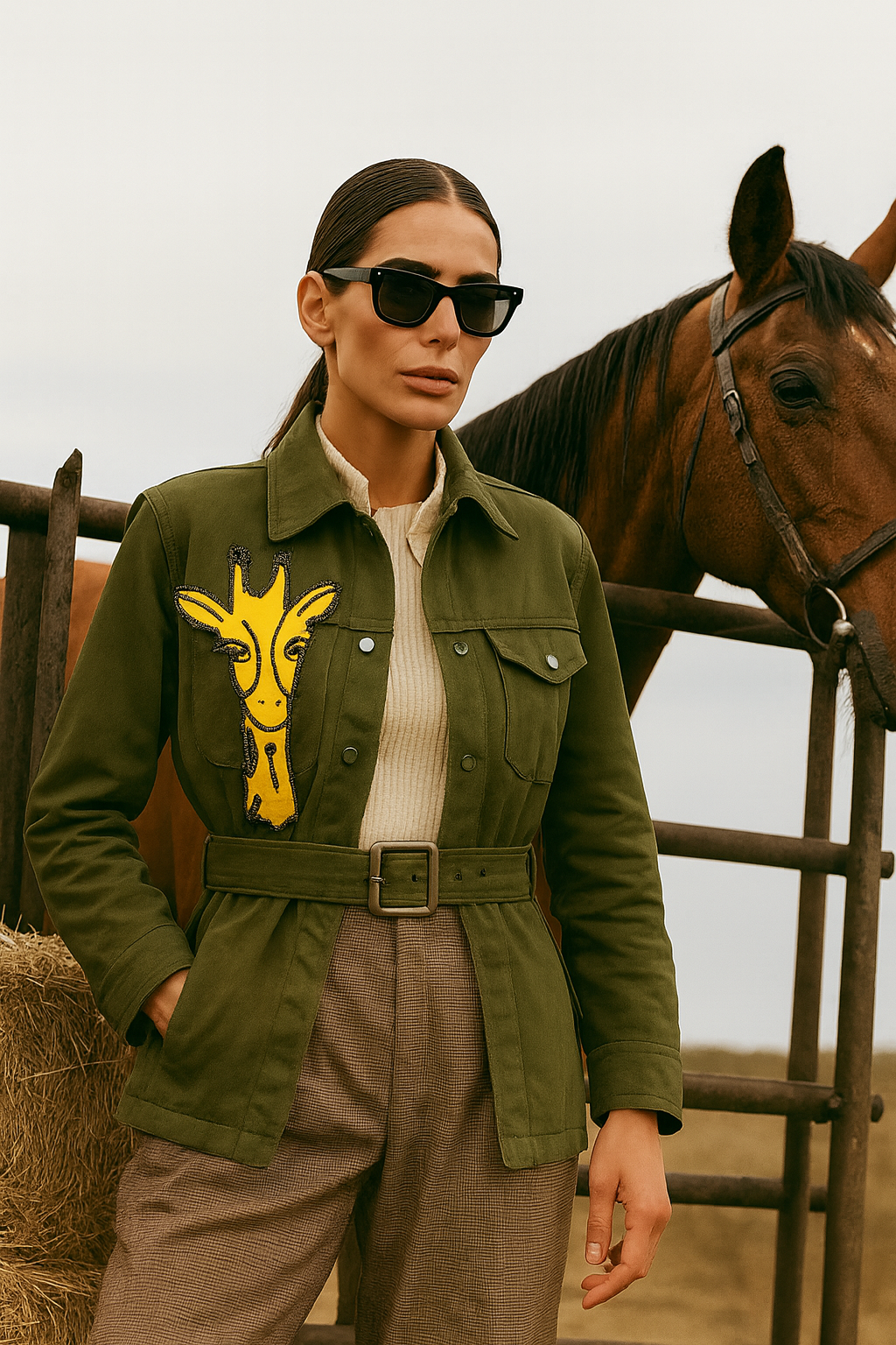 Deri Üzeri Boncuk İşlemeli Zürafa Figürlü Yeşil Renk Jean Ceket