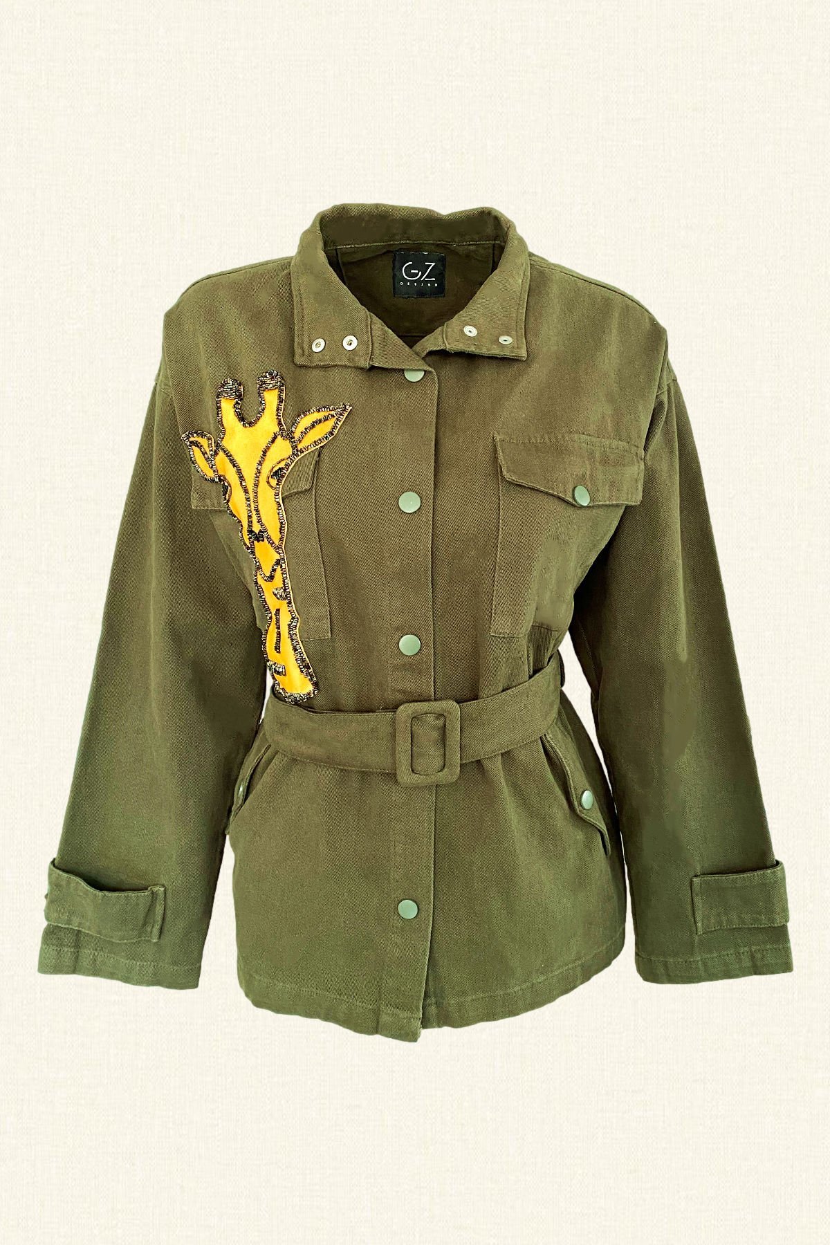 Deri Üzeri Boncuk İşlemeli Zürafa Figürlü Yeşil Renk Jean Ceket
