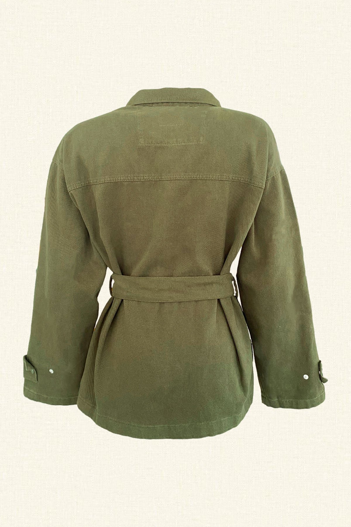 Deri Üzeri Boncuk İşlemeli Zürafa Figürlü Yeşil Renk Jean Ceket