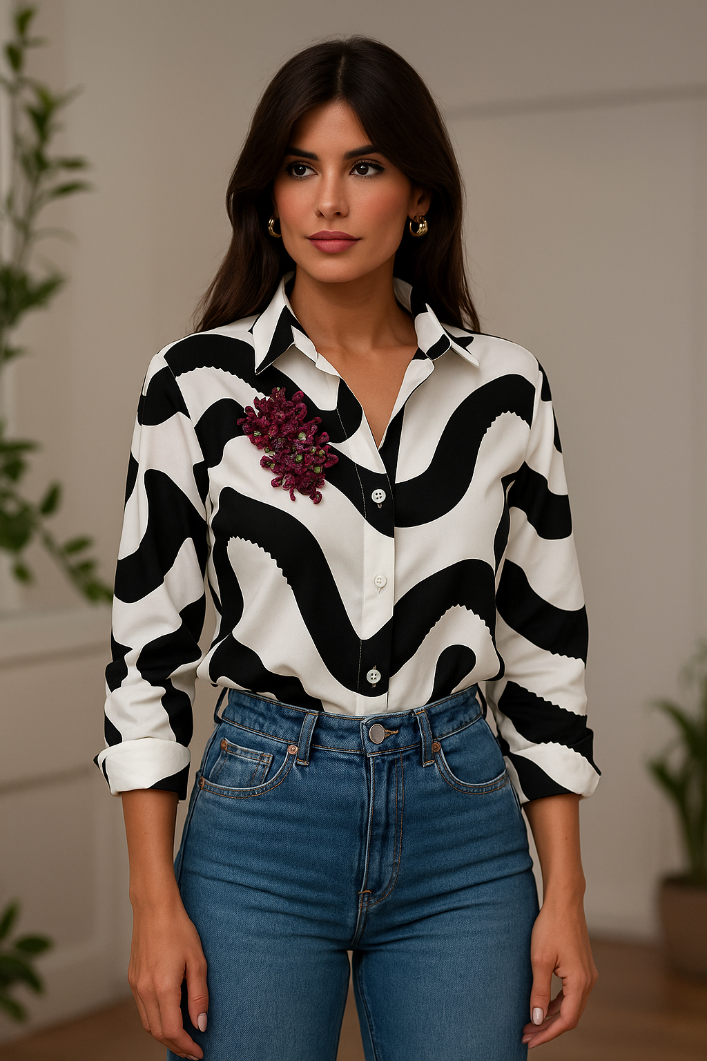 Bordo Çiçek İşleme Detaylı Siyah Desenli Beyaz Gömlek