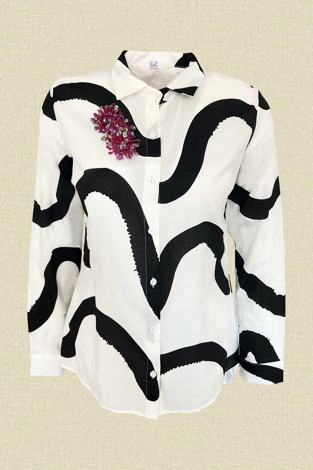 Bordo Çiçek İşleme Detaylı Siyah Desenli Beyaz Gömlek