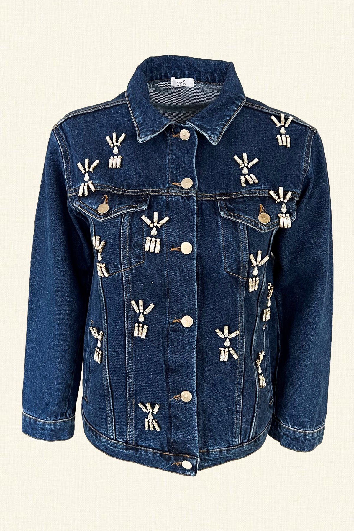 Kristal Taş Püsküllü Koyu Renk Jean Ceket