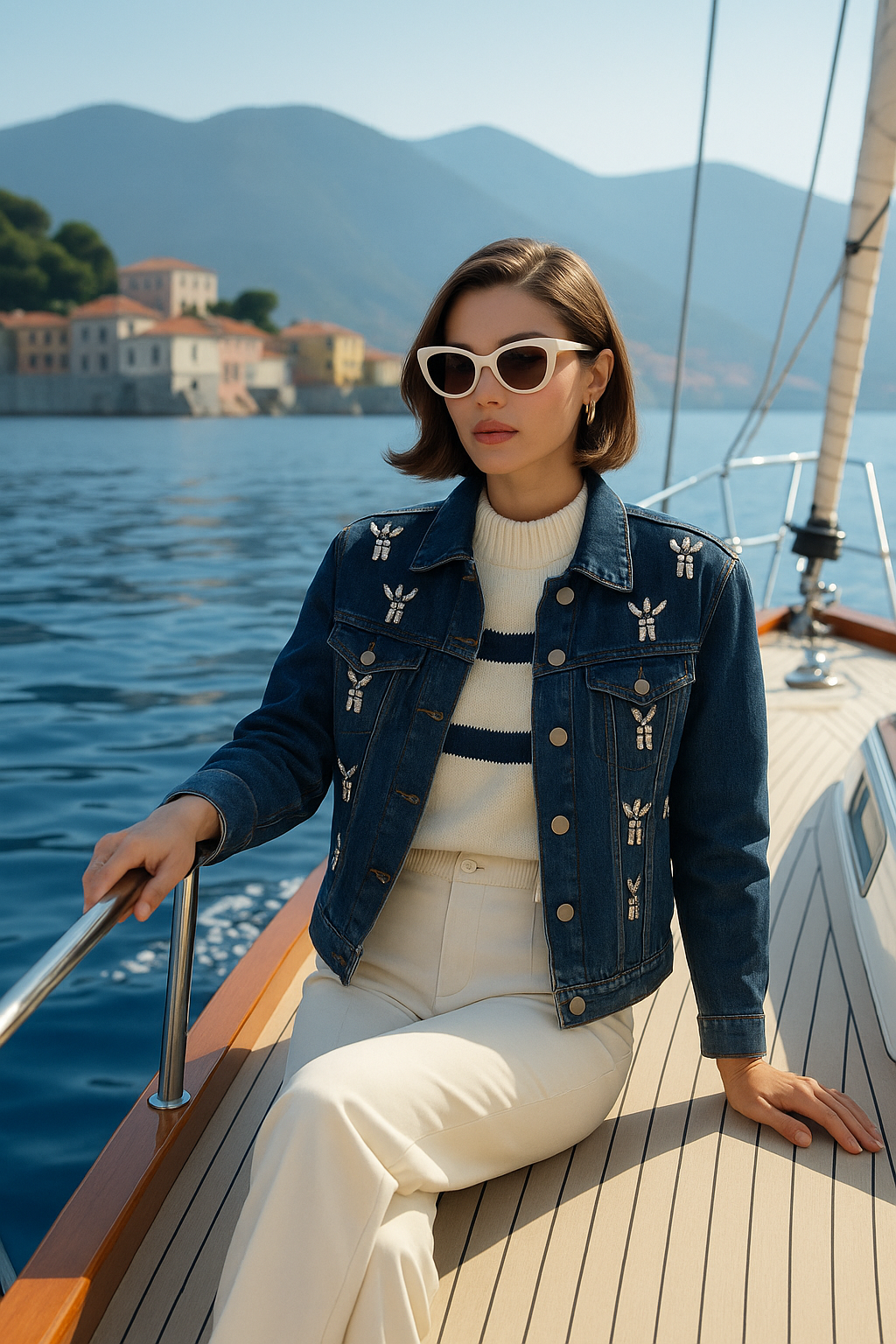 Kristal Taş Püsküllü Koyu Renk Jean Ceket