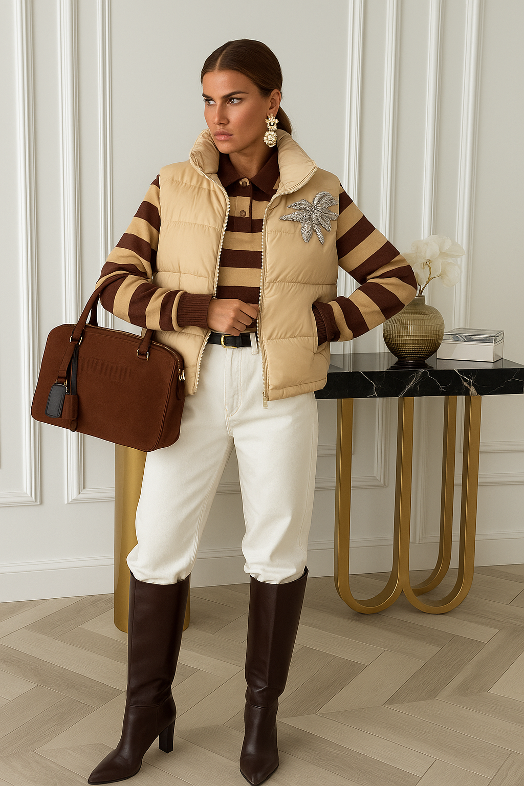 Kristal Taş İşlemeli Krem Rengi Şişme Yelek