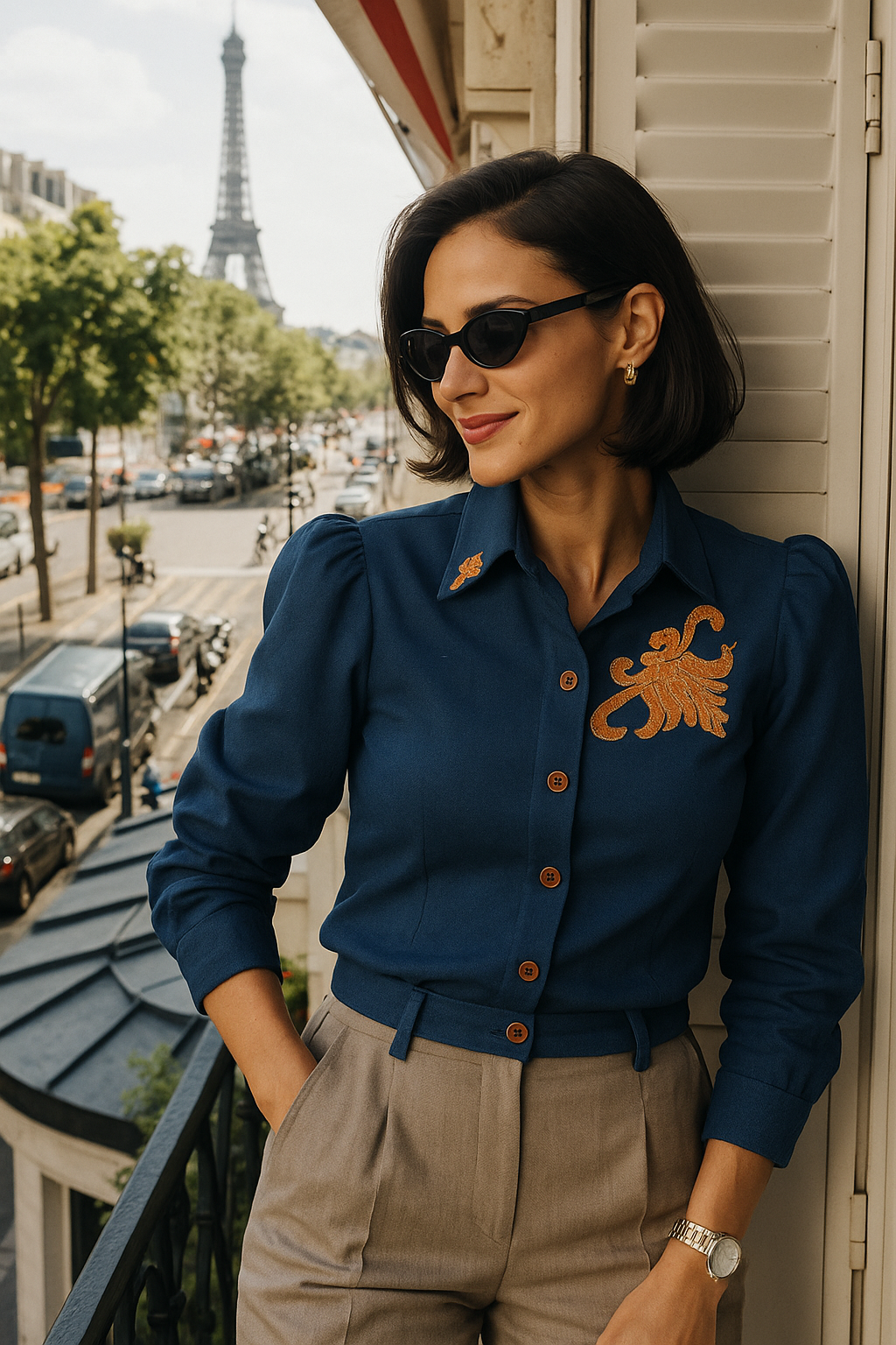 Turuncu İşlemeli Balon Kollu Lacivert Gömlek