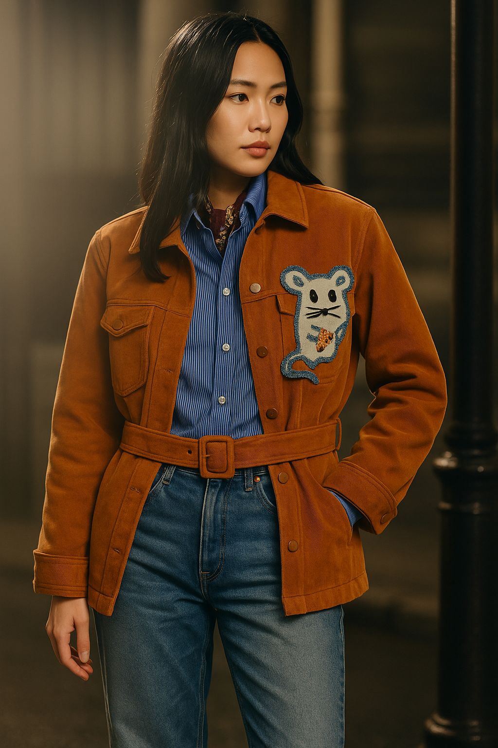 Deri Üzeri Boncuk İşlemeli Fare Figürlü Kiremit Renk Jean Ceket